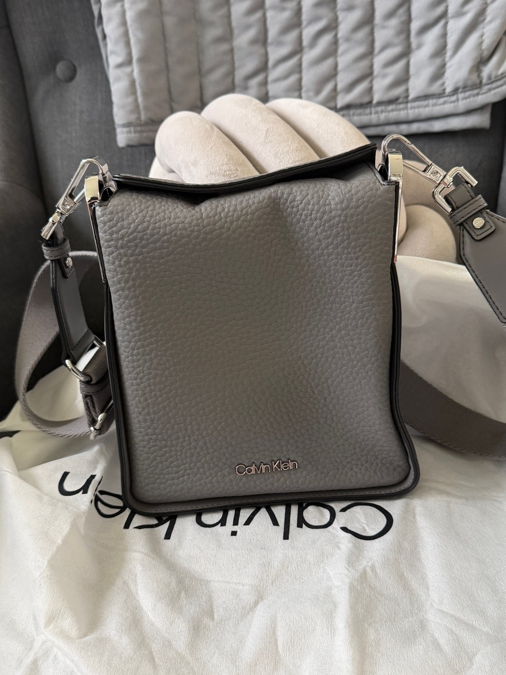 Calvin Klein Gray Pebbled Leather Crossbody Bag with Silver Hardware